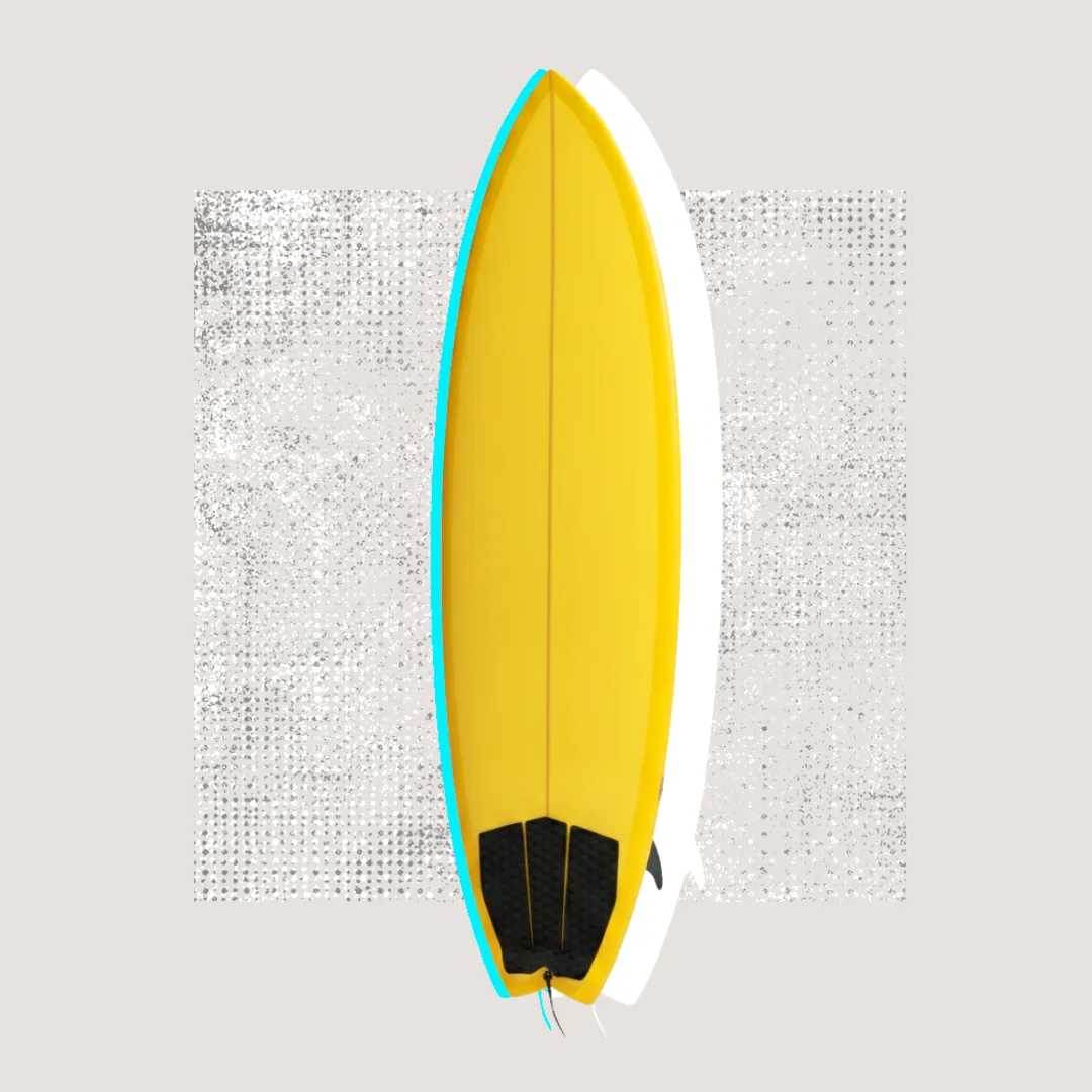 A yellow surfboard with a bright teal edge on a halftone-dot background.