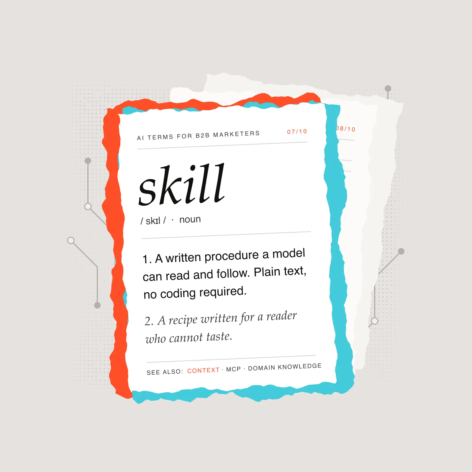 A torn-paper dictionary card defining the term skill, lying on a fanned stack of more entry cards, with orange and teal torn edges on a grey halftone background.