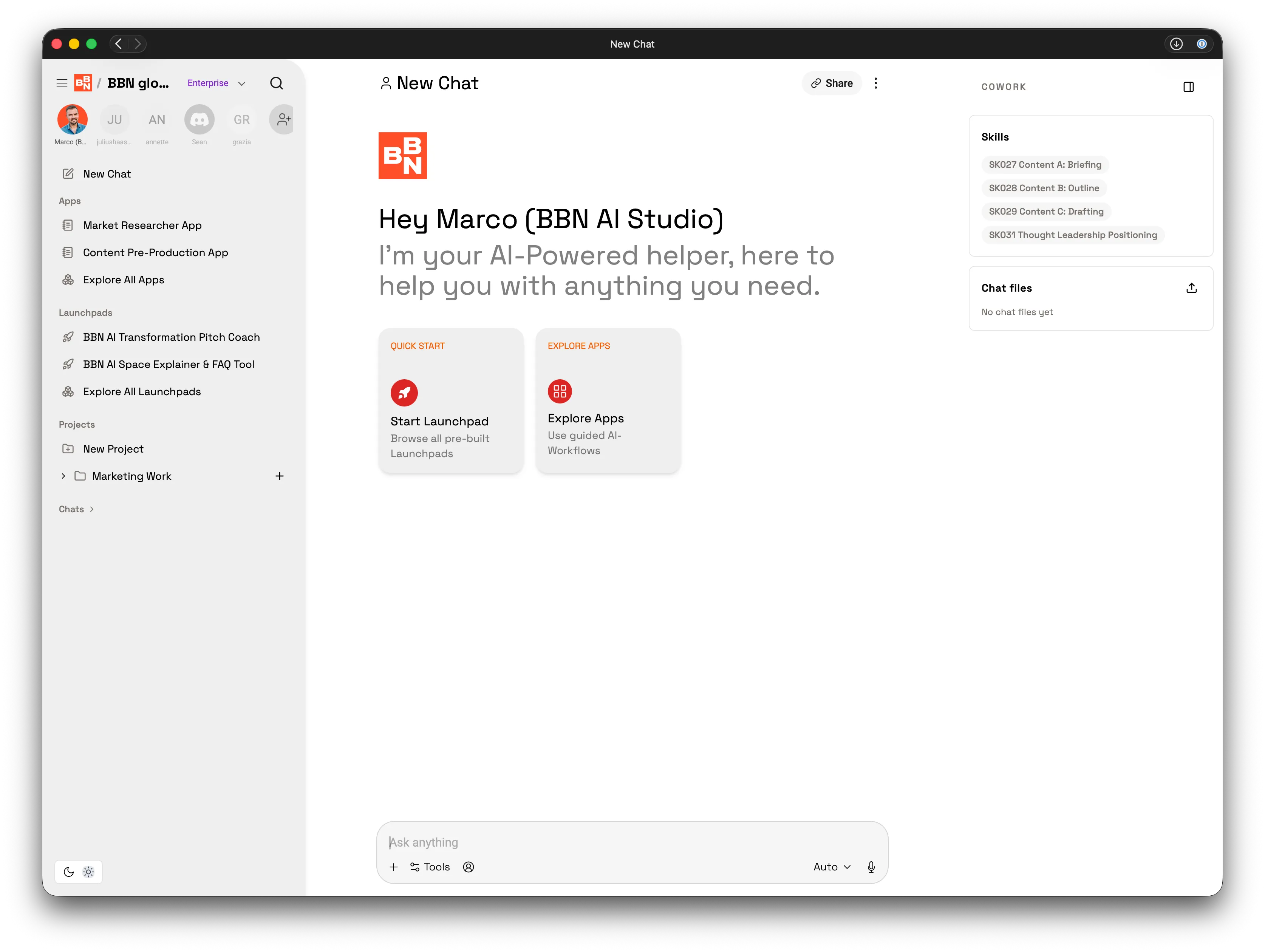 BBN AI Space — der gebrandete Workspace mit vorinstallierter Skill-Bibliothek, Launchpads und Apps