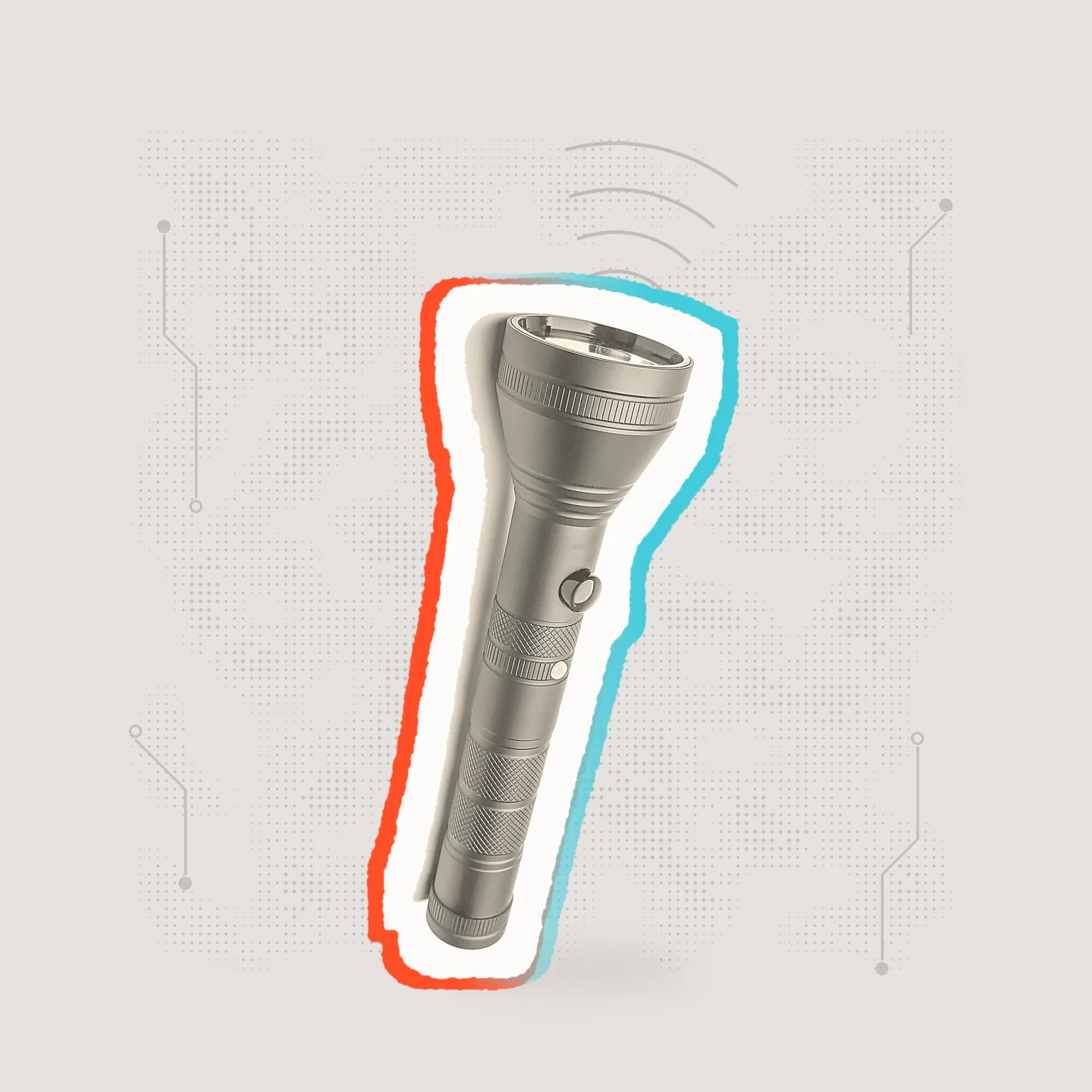 Eine aufrecht stehende Metall-Taschenlampe als Papierausschnitt mit weißem Rissrand und orange-türkisen Rissbändern, mit hellgrauen Bögen an der Linse auf grauem Halbton-Hintergrund.
