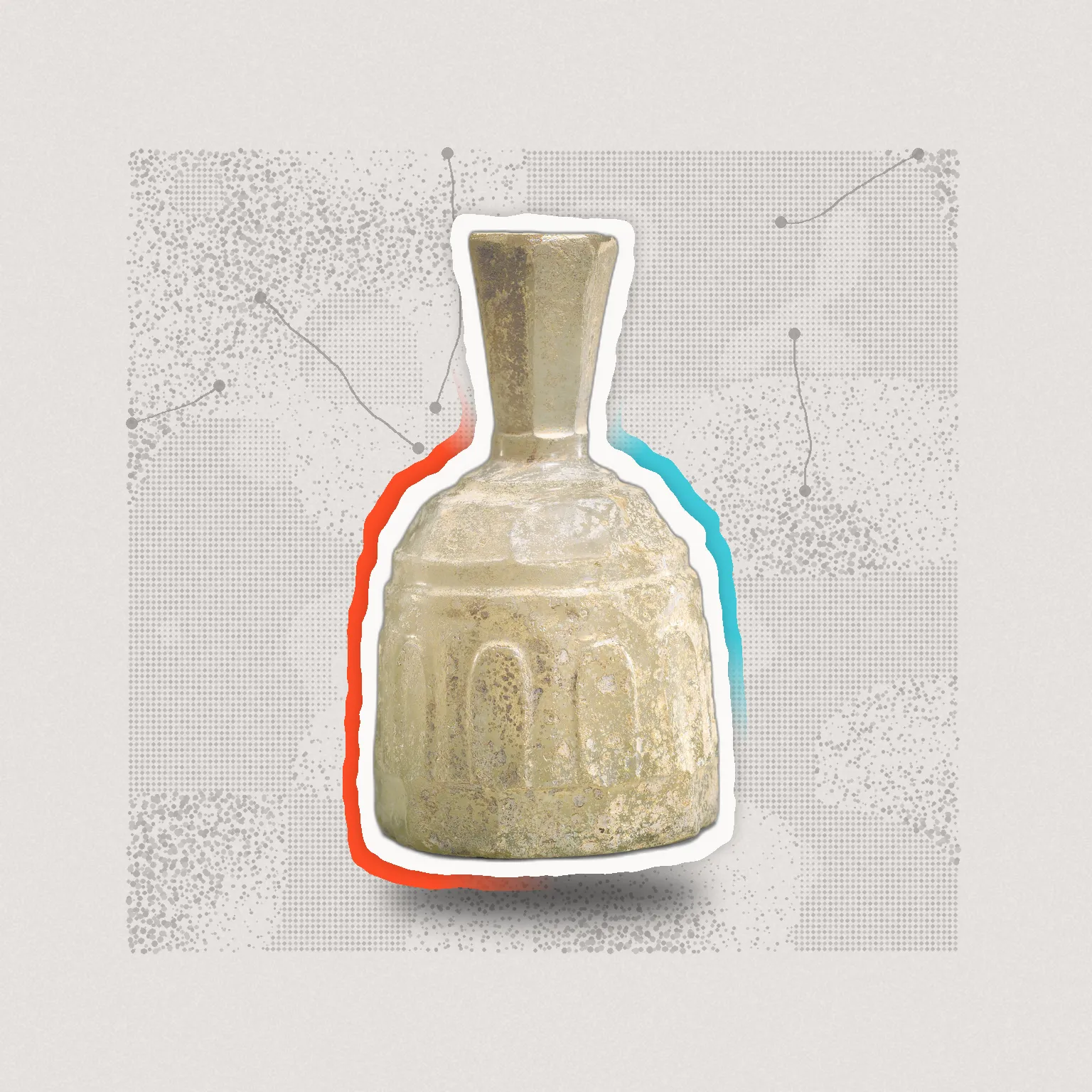 Eine antike Glasflasche mit breitem Bauch und engem Hals, als Papierausschnitt mit weißem Riss-Rand und orange-türkisen Akzenten auf grauem Halbton-Hintergrund.