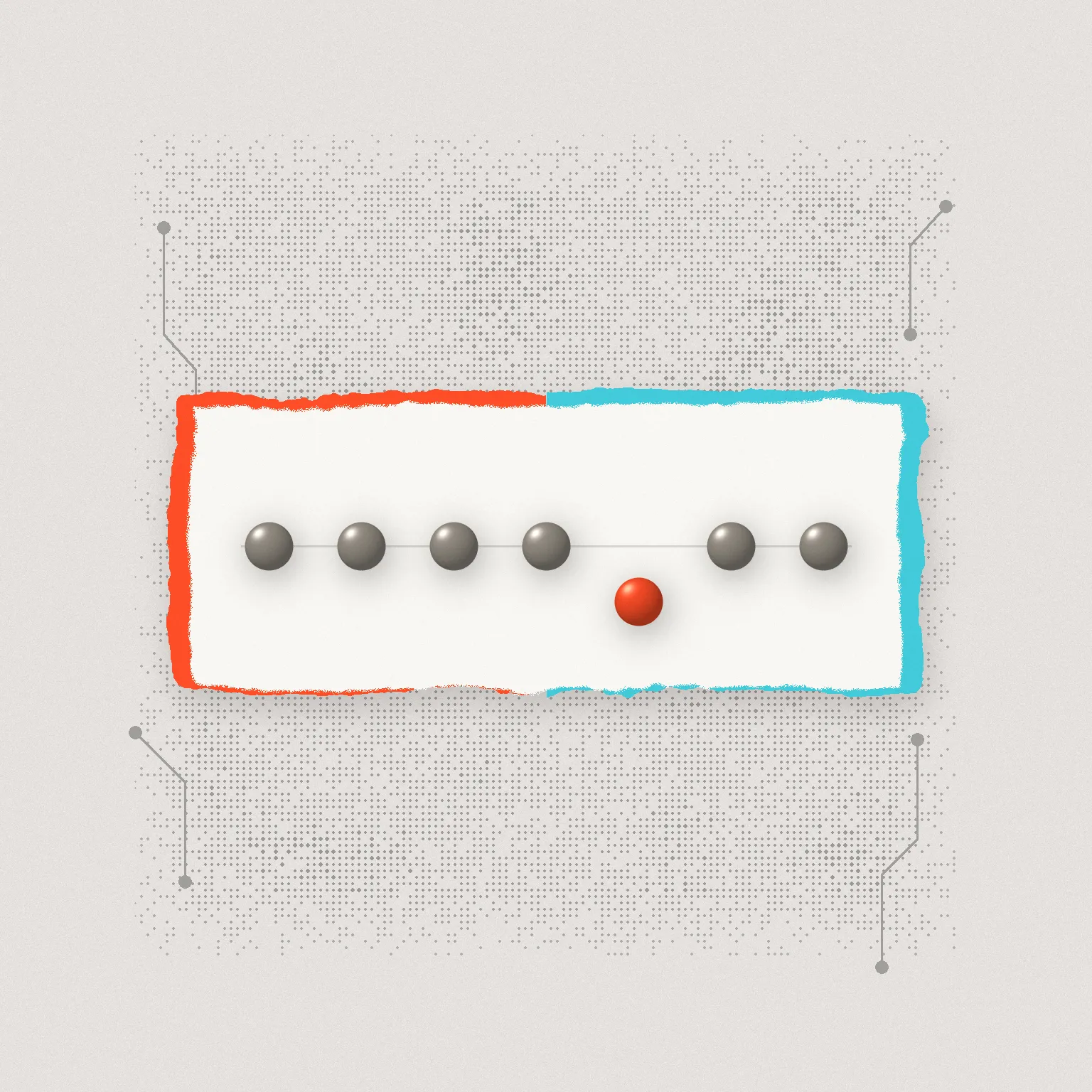 A row of grey dots on a thin line with one orange dot dropped below it, on a torn paper card with orange and teal torn edges on a grey halftone background.