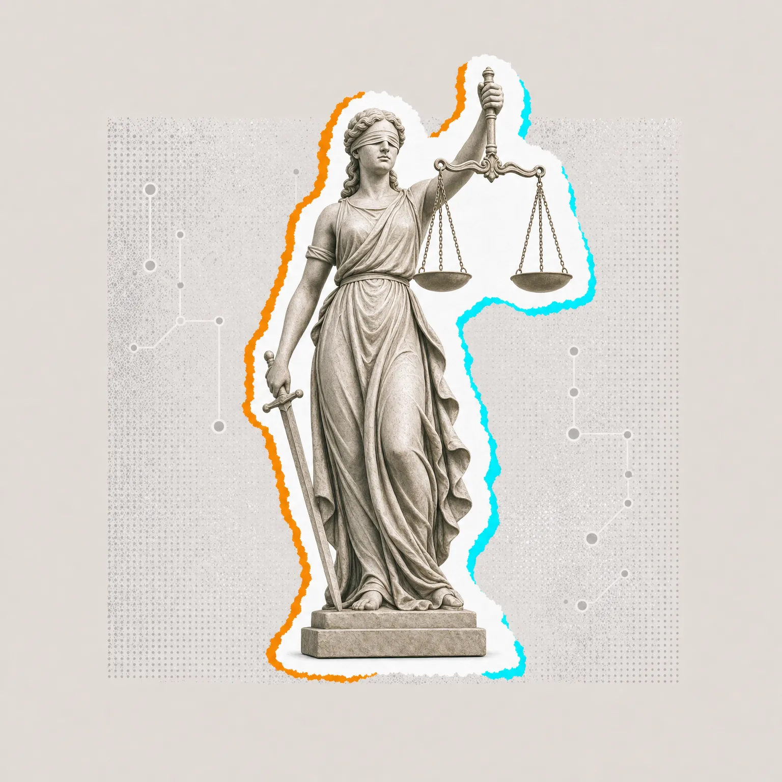 A blindfolded statue of Lady Justice holding scales and a sword, with a torn-paper orange and teal outline on a grey halftone background.