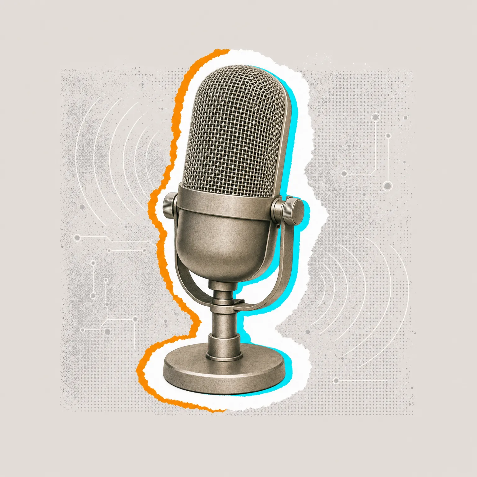 A vintage ribbon microphone with a torn-paper orange and teal outline on a grey halftone background.
