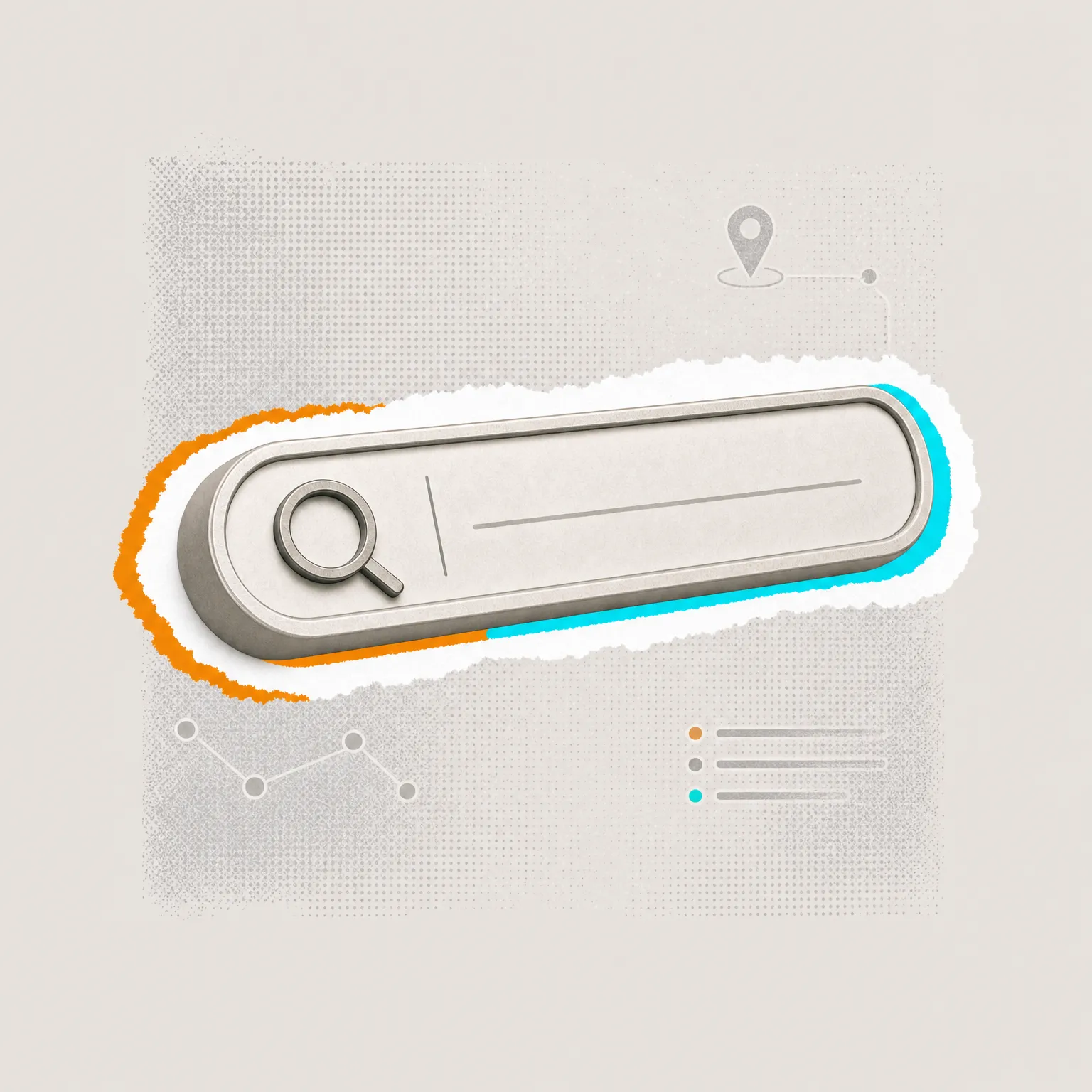 A metallic search bar with a magnifying glass and torn-paper orange and teal edges on a grey halftone background.
