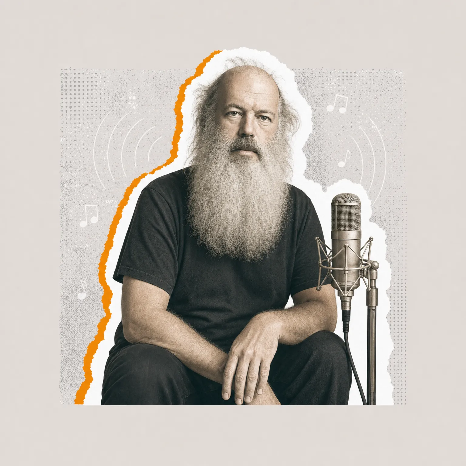 A grey-haired, long-bearded man in a black T-shirt sitting beside a vintage studio microphone, cut out of paper with a torn orange edge on a grey halftone background.