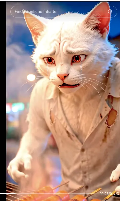 AI-generated video still of a humanized white cat with tears, grilling street food. A cat soap-opera slop clip.