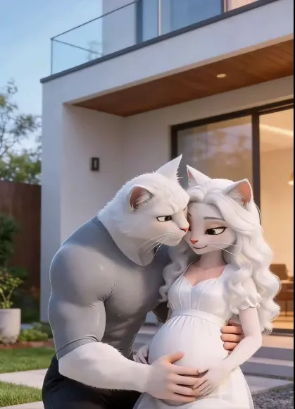AI-generated image of two humanized cats as a couple, one visibly pregnant, outside a modern house.