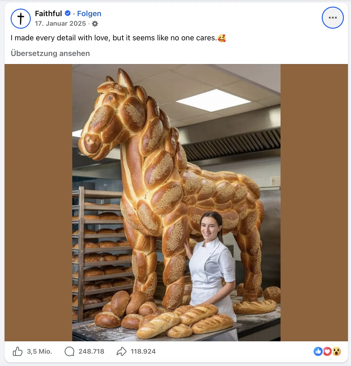 Screenshot of a viral Facebook post showing a life-size horse sculpted from bread, captioned ‘I made every detail with love.’