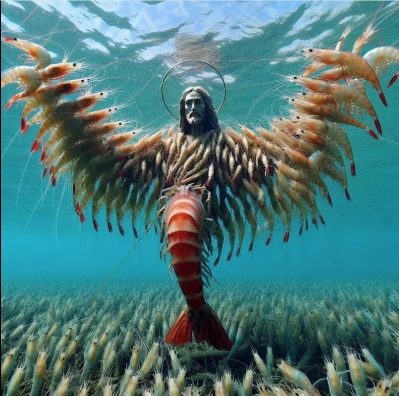 AI-generated image of a haloed Jesus figure with wings made of shrimp, floating underwater. A Shrimp Jesus meme.
