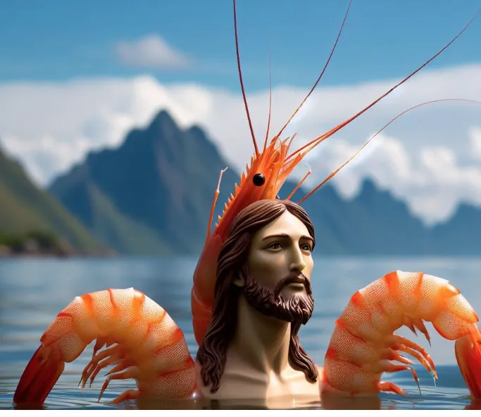AI-generated bust of Jesus wearing a shrimp as a headdress, mountains behind. A Shrimp Jesus meme.