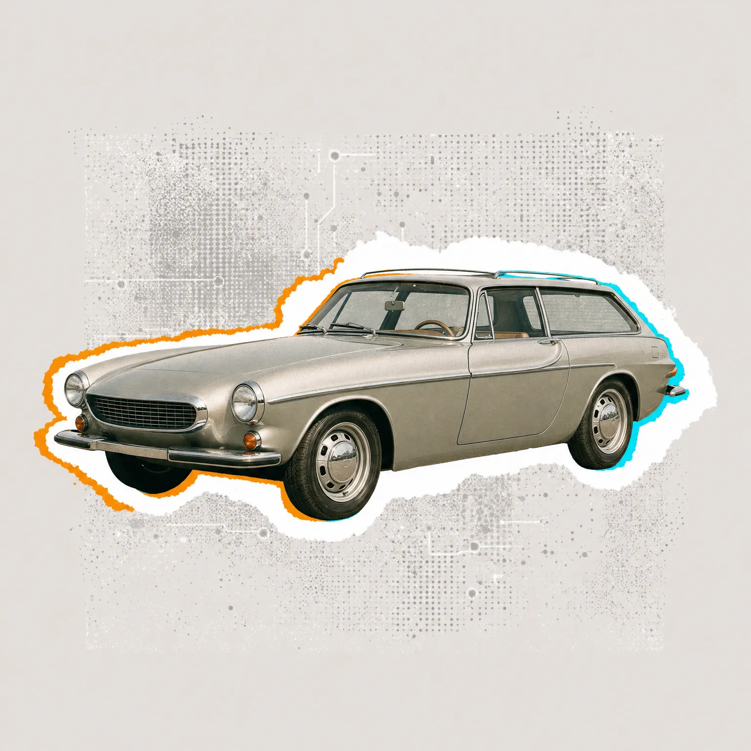 A silver Volvo P1800 estate car with an orange and teal glow on a grey halftone background.